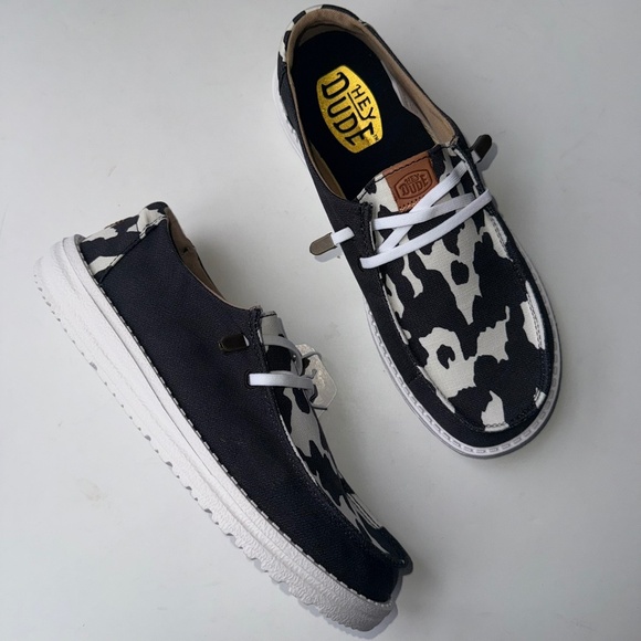 Hey Dude Shoes - HEY DUDE New $65 Womens 8 Black White Wendy Animal Cow Print Causal Shoes Box#49